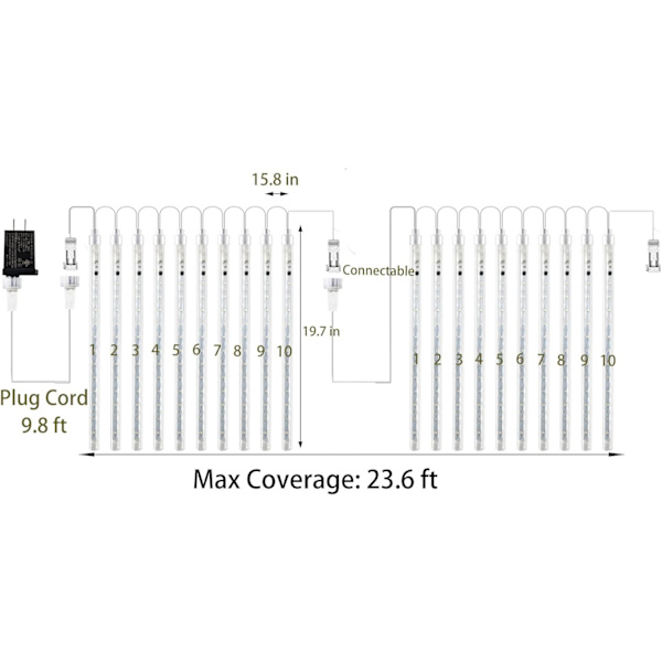 2 Pakke Blå Icicle Julelys Utendørs, 19,7 Tommers Meteorskurlys Totalt 20 Rør 720Led Vanntett Plug-in Ferie Utendørslys for