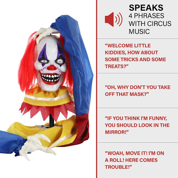 Haunted Hill Farm Pop-Up Talking Clown Head med Light-Up Eyes, Touch-Activated Animatronic för Scary Tabletop Dekoration, Creepy 14\" Clown