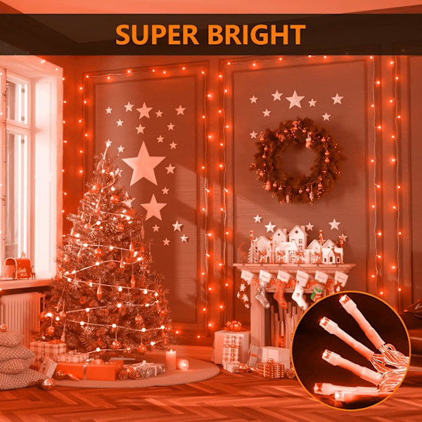 Oransje Halloween-lyskjede, 200 LED 66ft 8 moduser Halloween-lys, UL-sertifiserte sammenkoblede oransje lyskjeder for hjem, hage, veranda,