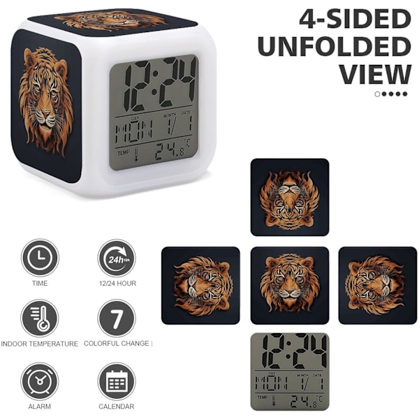 LED-väckarklocka, nyår Tiger-logotyptryck Flerfärgad väckarklocka Geometrisk väckarklocka Sovrumsväckarklocka Tyst väckarklocka Vit Vit