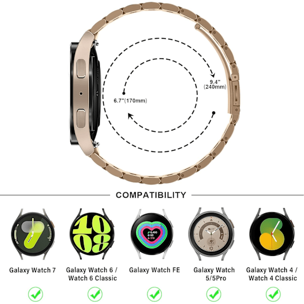 No Gap-band kompatibel med   Galaxy Watch 7/6/5/4/FE-band 44mm 40mm/Watch 6 Classic-band 47mm 43mm/Watch 5 Pro 45mm/Watch 4 Classic, 20mm metall