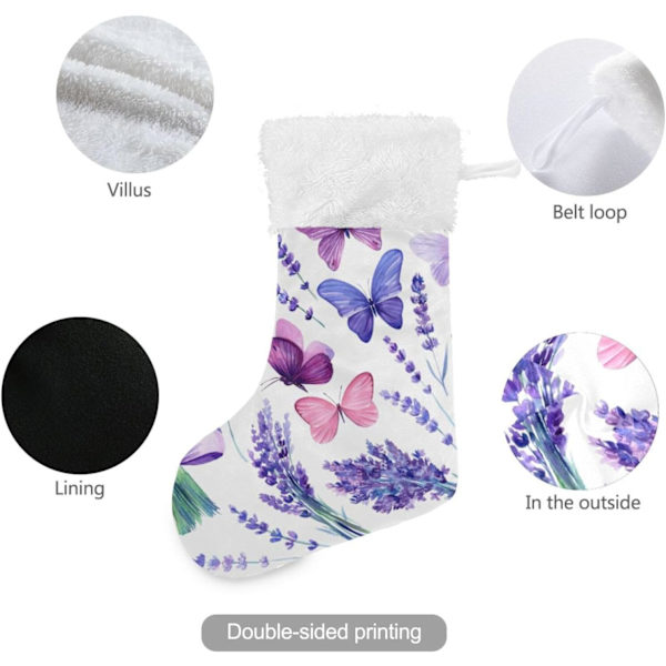 Julklapp, personliga julklappsstrumpor 2-pack lila lavendel fjäril 45,7 cm julstrumpor hängande prydnad spis för träd