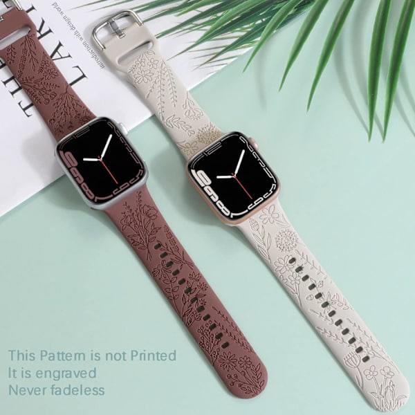 Blomstergraveret silikonebånd, der er kompatibelt med Apple Watch