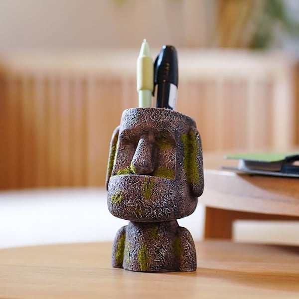 Ester Islnd Hed Sttue n Holder for Desk, Resin Moi Sttue ncil Pot Mkeup Brush Holder Desktop Orgnizer Home Office Desk Decortions