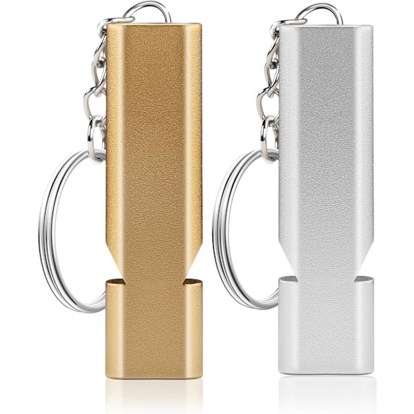 Metall Dubbelpipig Visselpipa - Överlevnads- & Träningsvisselpipa med Nyckelring (Silver/Guld, 2-pack)