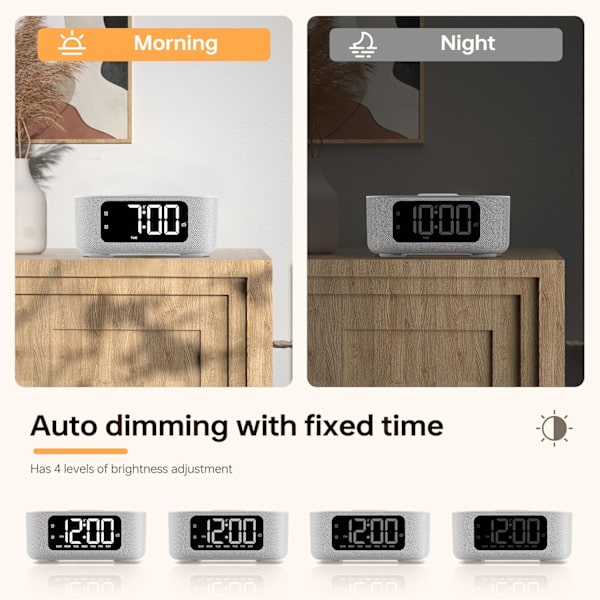 Stofvækkeur til soveværelse, med stort LED-skærmdisplay, Bluetooth-stereohøjttaler, FM-radio, hurtig trådløs opladning, USB-opladningsport,
