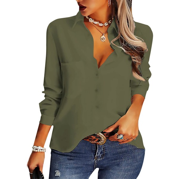 Dam Casual Button Down Skjortor V-hals Chiffon Långärmad Krage Kontor