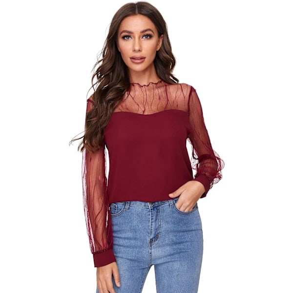 Elegant mesh langærmet sweetheart hals casual chiffon bluse topp for kvinner