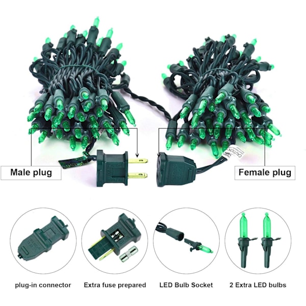 Gröna julgransljus, 33ft 100 LED Mini Xmas Tree Lights, 120V UL-certifierade LED-slingor för St. Patrick's Day, Halloween, jul,