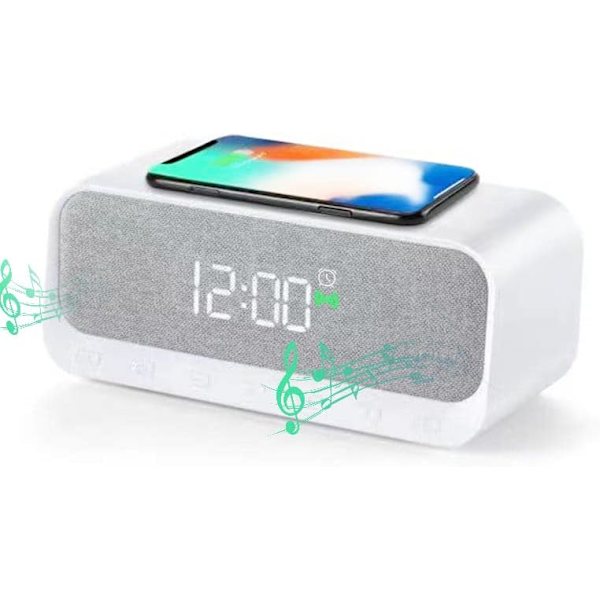 Väckarklocka Radio, Sängbords LED Väckarklocka med USB-laddare & Trådlös QI-laddning, 5.2 Bluetooth-högtalare, FM-radio för djupsövande Vit Vit