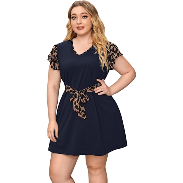 Romwe Plus Size Kortærmet Leopard Print Bæltet Casual Tunika Midi til Kvinder