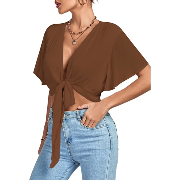 Kvinners dyp V-ringet slips foran knute Wrap volang kortarmet Crop Top