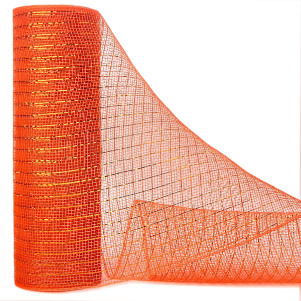 Orange Metallic Mesh Ribbon,10 inch x 30 feet(10Yard), Orange with Gold Foil,