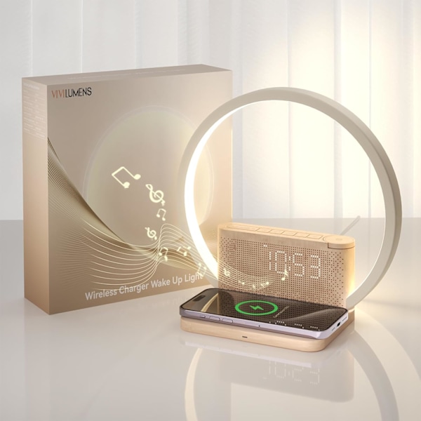 Sunrise trådløs lader, 10 lydmaskin vekkerklokke med 30/60/90 minutter timer, 3 nivåer berøringsnattlys, dobbel for tunge sovende, tre