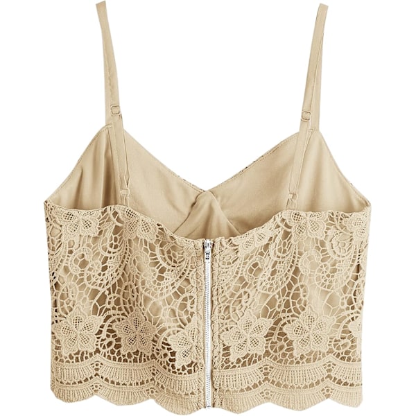 Kvinders Casual Lace Hæklet Spaghetti Stropper Lynlås Cami Crop Top Camisole Lille