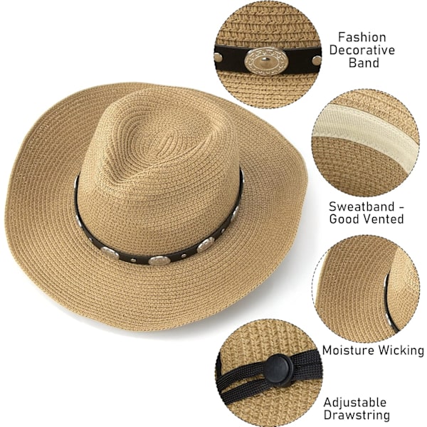 Halm Cowboyhatt för Kvinnor Män Western Solhatt Bred Brätte Sommar Bälte Cowgirl