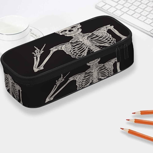 Humn Skeleton Posing n Bg Rock Roll Skull Boho Hippie Lrge ncil Cse Big Cpcity ncil Pouch ncil Holder Blck MultiColor-15 MultiColor-A15