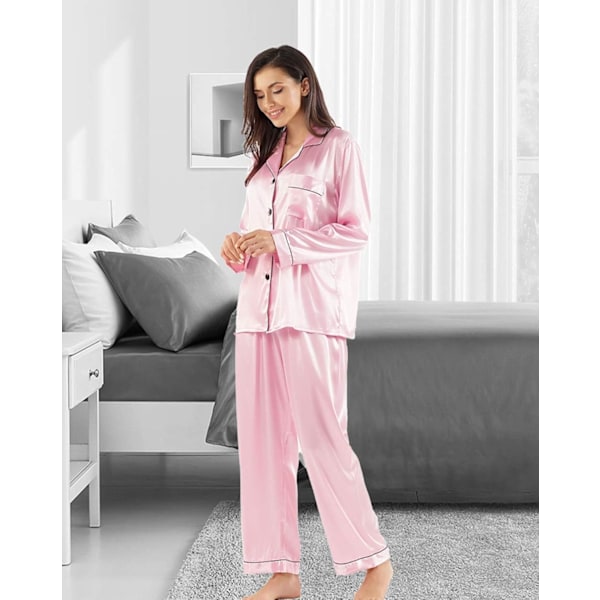 Kvinners Silke Pyjamas Sett Lang Ermet Damer Satin PJ Sett Knappet Pyjamas