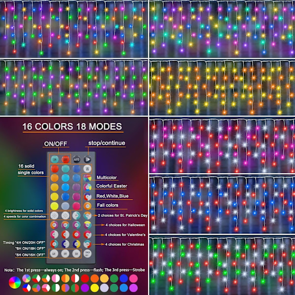 Fargeskiftende istapplys med fjernkontroll, 34 farger julelys LED istapplys utendørs, 165 LED 15,7 fot RGB vanntett hengende lysslynge for