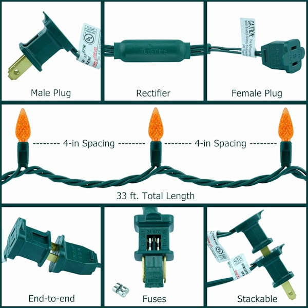 Orange C6 Jordbær LED Julelys, 33 ft 100 Antal 4\" Mellemrum Ét-Stykke Høj Vandtæt UL Certificeret Strenglys (Orange) Orange Orange