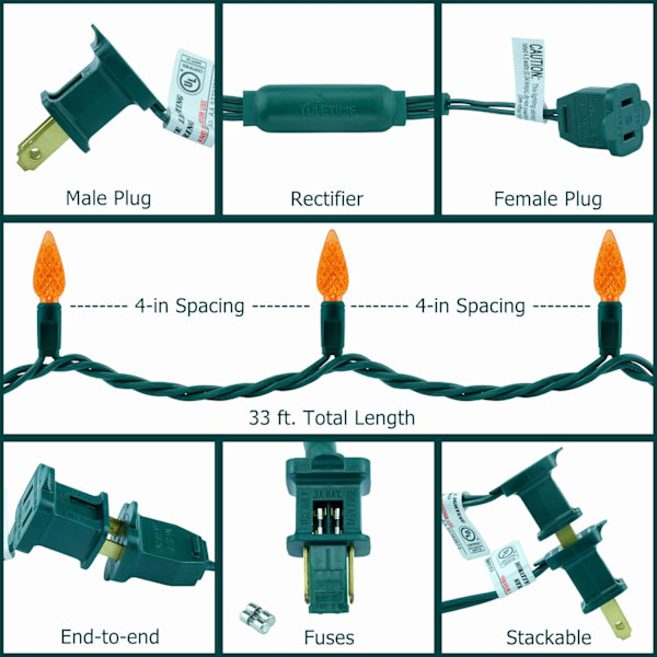 Orange C6 Jordgubbs LED Julbelysning, 33 fot 100 Räkna 4\" Avstånd En-Stycke Hög Vattentät UL Certifierad Slingljus (Orange) Orange Orange