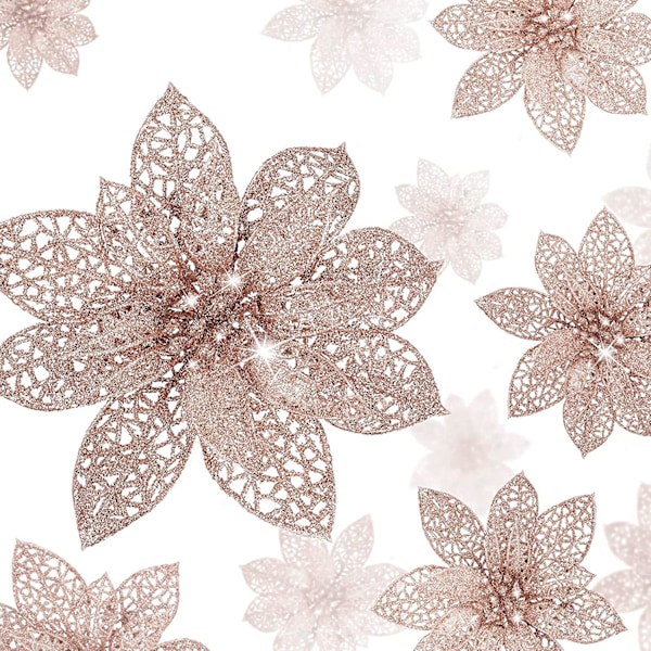 24 stk Glitter Poinsettia Julepynt Juleblomster Dekor