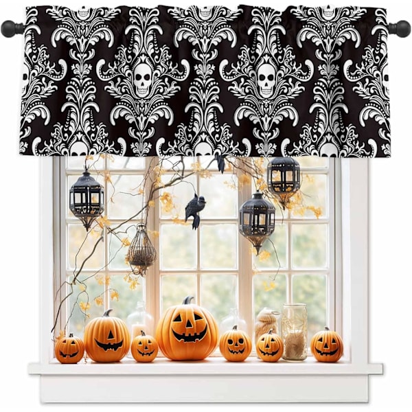 Winow Valance Ro Pocket Panel för kök Beroom Winows Halloween Scary Skl Skeleton amask Flower Valances Kort gardin Badrum Behandling Svart