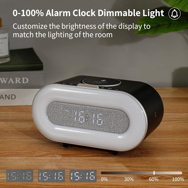 Bluetooth-högtalar väckarklocka med trådlös laddning 15W, RGB omgivande sänglampa, 4000mAh batteri Bluetooth-klocka, smarta musikpresenter för vuxna