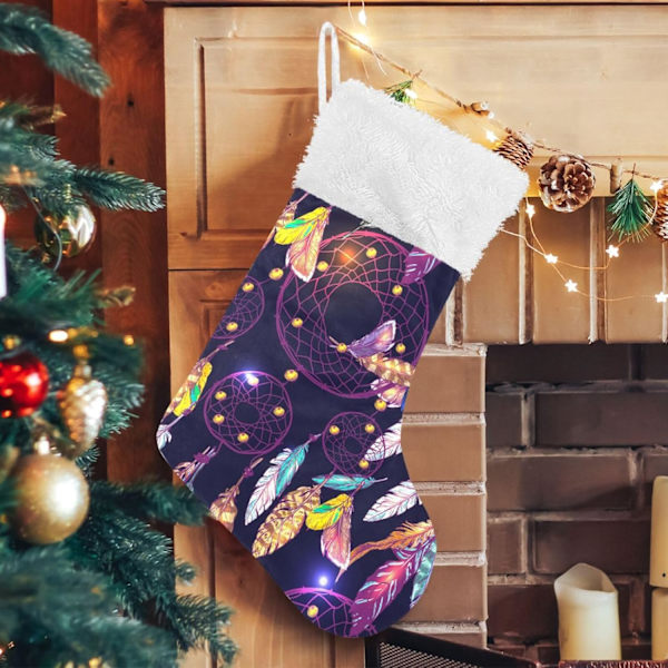 Julklapp, Personliga Julklappsstrumpor 2-pack Boho Drömfångare Fjädrar Lila 45,7 cm Julstrumpor Hängande Ornament Eldstad för Träd