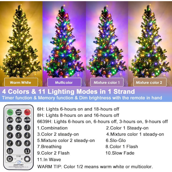 300LED Julgransljus Utomhus Inomhus Slingor 108FT Utbyggbar, 11 Lägen 4 Färger Ändrar Vattentät Twinkle Fairy Lights Fest Varm