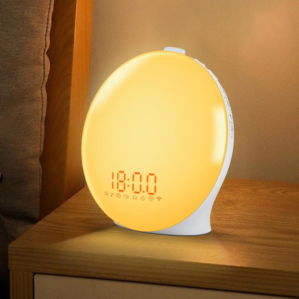 Solopgangs vækkeur til tunge sovende og børn, vækkeur med solopgang og solnedgangssimulering, sleep timer, dobbelte alarmer og FM-radio,