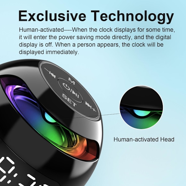 Smidig Bluetooth-högtalare med HD-ljud, dubbel väckarklocka med humanaktiverad för sovrum, RGB-lampor, uppladdningsbart batteri, upp till 8 timmar