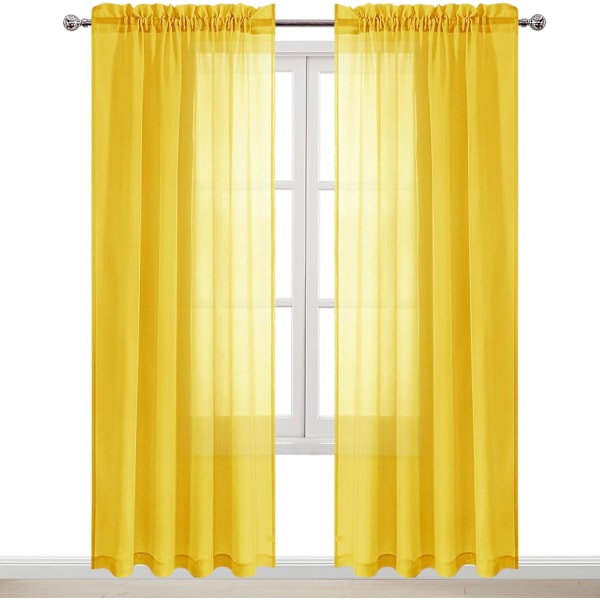 Gule tylgardiner, semi-transparente tylgardiner med stang til soveværelse og stue, 137 x 213 cm lange, sæt med 2