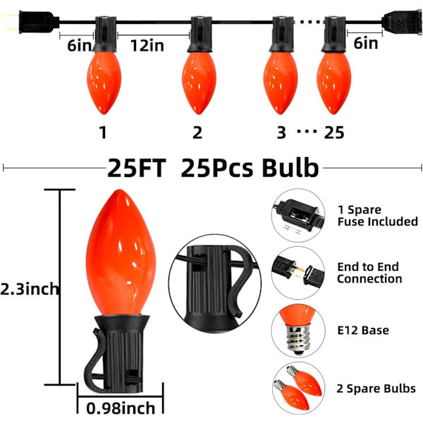 25Ft C7 Keramiske Orange Halloween Lys Udendørs Indendørs, Fantastisk som Orange Lys til Hjemmefest Have Hegn, med 27 Stk Keramiske Orange Lys