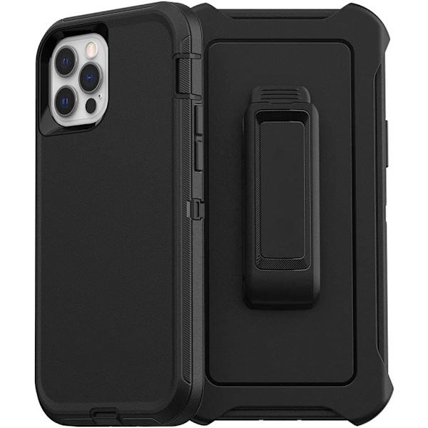 iPhone 12 & iPhone 12 Pro Defender Cover - Sort, Robust & Holdbar, med Portbeskyttelse, Inkluderer Holster Klips Støtteben Sort