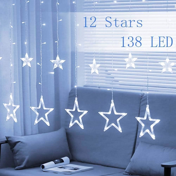 12 stjärnor 138 LED gardin ljusslingor, fönstergardin ljusslingor med 8 blinkande