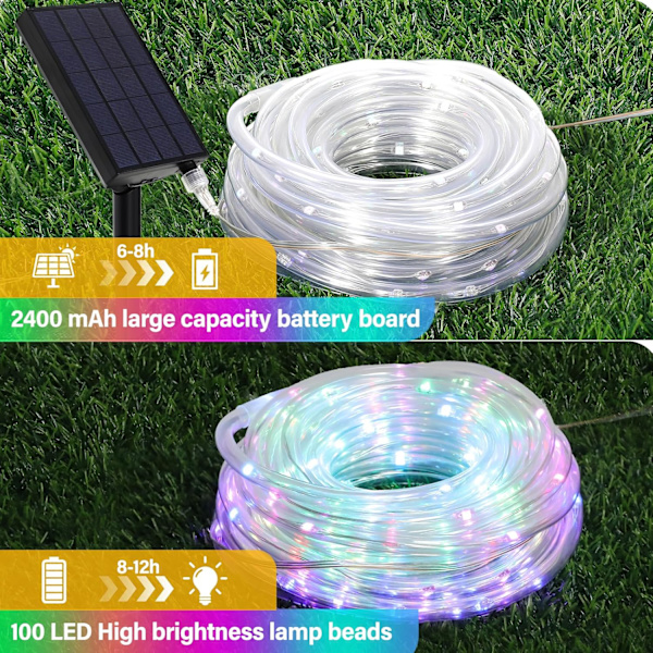 Solcelledrevne taulamper utendørs vanntett: 33FT 100 LED 16 millioner fargeskiftende | USB og solcelledrevet lyssterk fe-rørlyssnor for trampoline