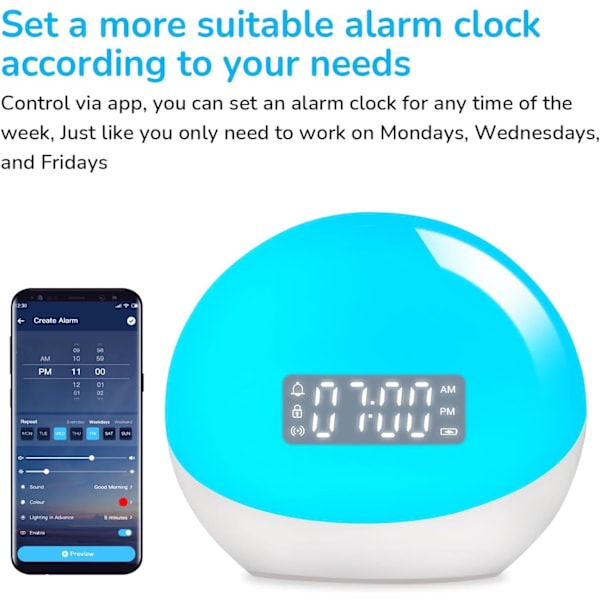 Smart Ljusväckarklocka med 20+ Färger, 12 Ljud, 4 Larm, Soluppgångsväckning, Snooze, Sömnstimer, Nattljus, App-kontroll, LED Mood White