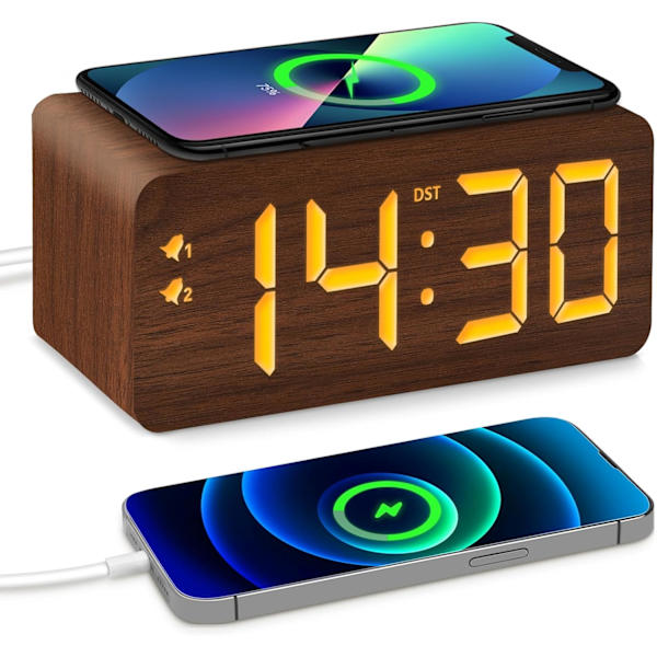 Brun Træstruktur Digitalt Vækkeur med Hurtig Trådløs Oplader, USB-opladningsport, DST, Dæmpbar, Snooze, Stort LED-tidsdisplay til Soveværelser,