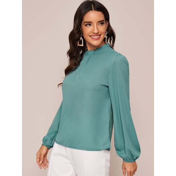 Elegant Dame Mock Neck Bishop Langærmet Plisseret Bluse Nøglehul Ryg Ensfarvet Top