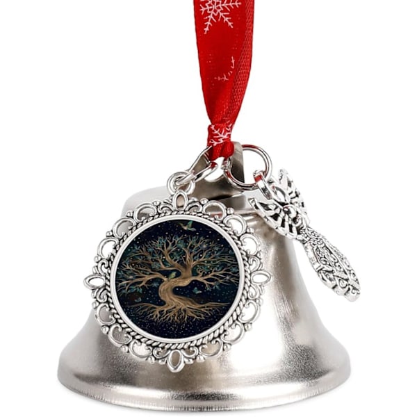Livets träd Yggdrasil silverklocka prydnad julgransklockor med rött snöre metall julgranshängande dekorationer för semesterfest  vingklocka