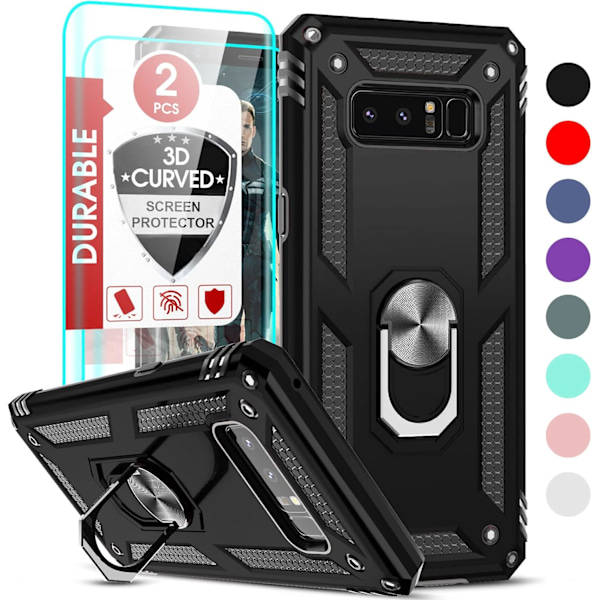 for Note 8 Deksel med [2 Pakning] 3D Skjermbeskytter, Militærgrad Magnetisk Ringholder & Støtte, Svart Svart