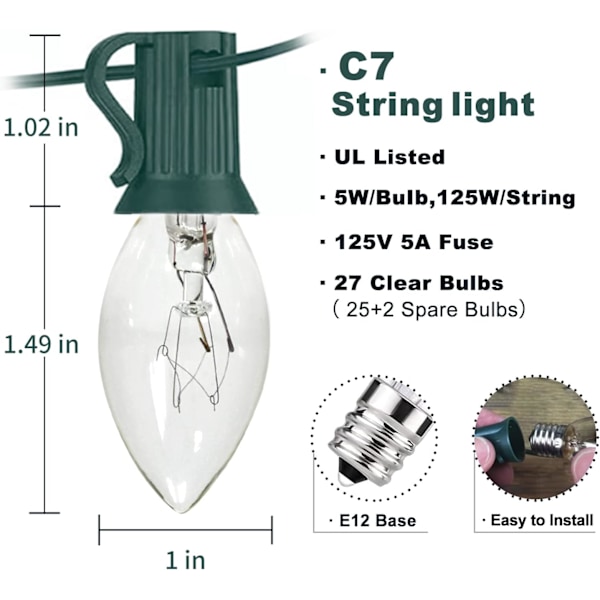 C7 Julelys, 25Ft C7 Klar Julelys, Halloween Lys med 27 Glødepærer til Indendørs Udendørs Juletræ, Terrasse Grøn