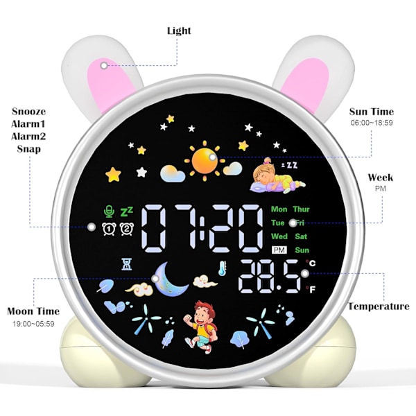 Børnevækkeur med nattelys, OK til at vække ur til børn, bliv i seng ur og søvntræning, lur timer temperaturregistrering sød værelseindretning,