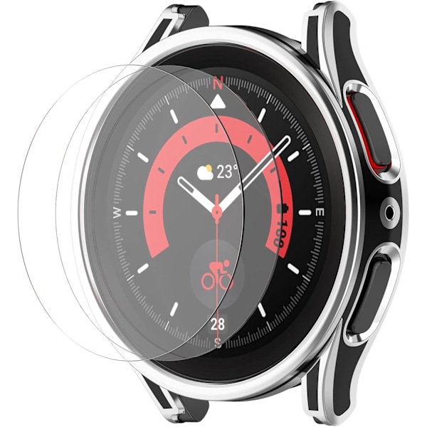 Smartwatch Full Coverage PC Skyddsfodral med Härdat Glas Skärmskydd Kompatibelt med Watch 5 Pro 45mm, Mjukt och Hållbart (Svart+Silver)