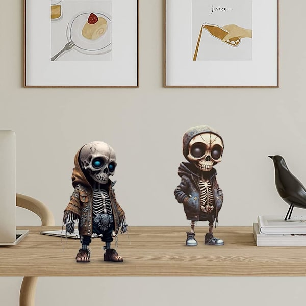 4 stk. seje skeletfigurer gotiske kraniefigurer harpikshåndværkspynt, 2023 personlige mini seje skeletindretning kranieinstrumentbræt