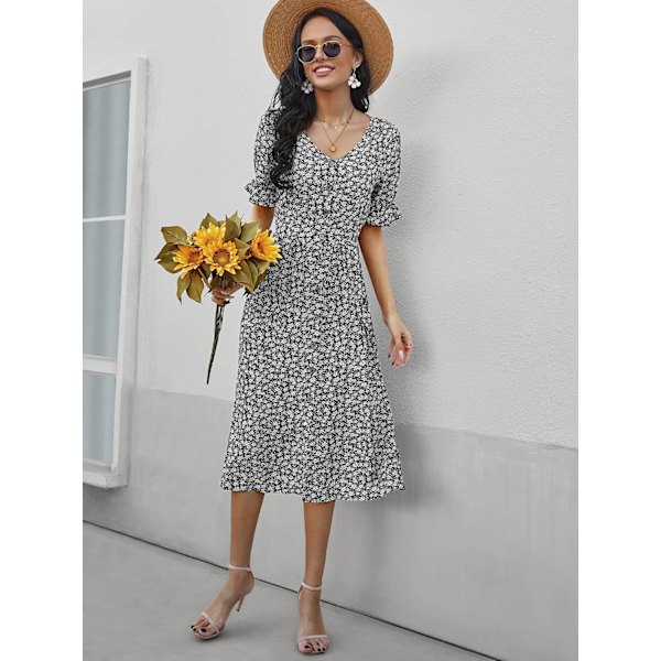 Womens Midi Kjoler Bohemian V Hals Kort Ærme Korset Elastisk Talje Sommer