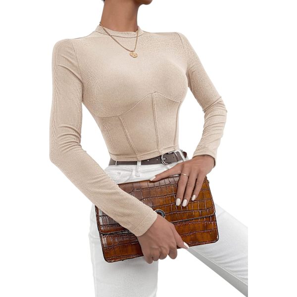Kvindernes Mock Neck Langærmet Ribstrikket Slim Fittet Crop