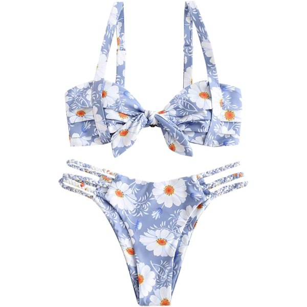 Dames Bred Stropper Binde Knude Flettet Blomster Bikini Sæt Todelt Badetøj