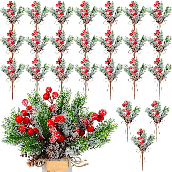 24 st julblommor tallkottar för hantverk vita röda bärstjälkar konstgjorda